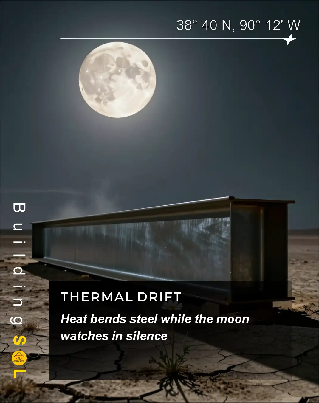 A steel I-beam lying horizontally on cracked earth under a full moon, with a single daisy growing beside it.
